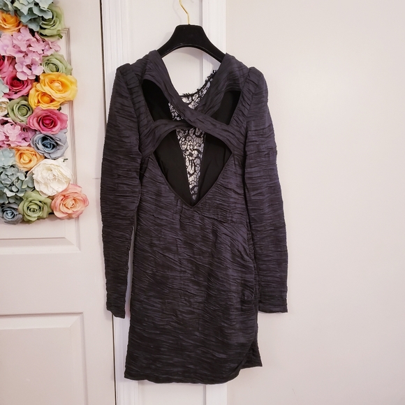 FREE PEOPLE Dress Mini Sequin Ruched Lace Boho Open Back Cocktail Party Black - Picture 6 of 12